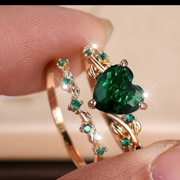 2pcs/set fashionable retro minimalist luxury heart shaped synthetic Zirconia  Romantic ring