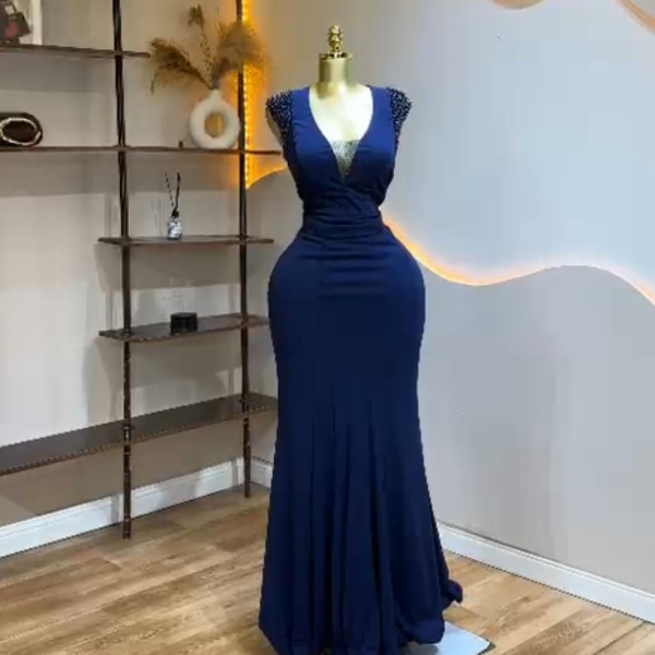 Stetchy Blue Long gown, with beaded armless