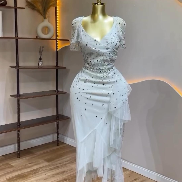 Stetchy Blue Long gown, with beaded armless