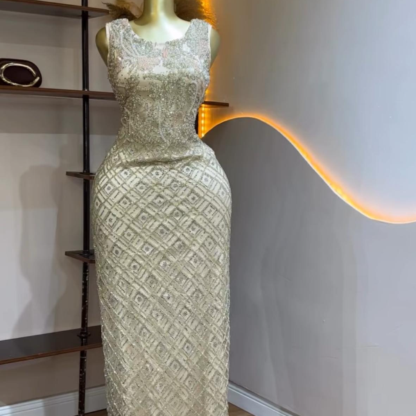 Elegant Glittering Cream color, Timeless luxury dress- Chic dress and Solid. A must have for your wardrobe.