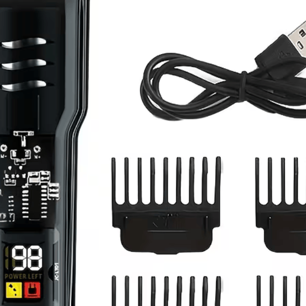 USB Rechargeable Hair Clipper and Beard Trimmer for Men – LED Display, 500mAh Battery, and Four Guide Combs