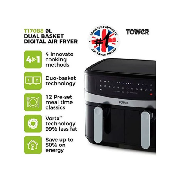 Tower 9L Dual Basket Digital Air Fryer Oven