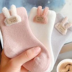 Set of 3 Pairs of Cute, Warm, Fleece-Lined Baby Socks in a Blue Color Scheme for Autumn And Winter
