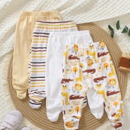 Four-Pack Boys' Newborn Casual Cute Soft Comfortable Versatile Fashion Solid Striped Animal Lion Giraffe Crocodile Print Knit Elastic Waist Regular Ankle Socks Pants Set for All Seasons.