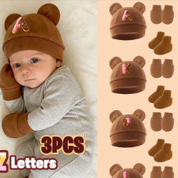 3pcs Personalized Donut Letter Hat + Gloves + Socks, A-Z Optional, Suitable for 0-6 Month Newborns