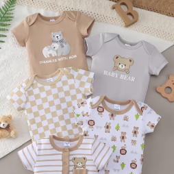 Unisex Baby Bodysuit Romper Set - Cute Style, 5pcs Outfit for All Seasons (Spring/Summer/Autumn/Winter)