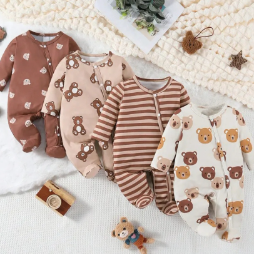 Stylish 4pcs Set: Newborn Simple Fashion Cute Print Long-Sleeve Footed Bodysuit Outfit