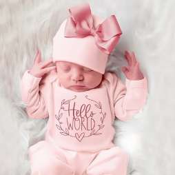 A Set of 2 Newborn Onesies with a Cute Big Bow Hat, Featuring Long Sleeves And Embroidered Designs