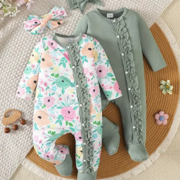 2pcs BrownBark Baby Girl Rompers | Cute Long Sleeve Knit Rompers with Lace Trim and Front Button Closure, Spring/Fall Collection, Floral or Solid Color Pattern