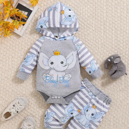 Cute Elephant Print Hooded Jumpsuit And Pants Set For Babies, Soft Polyester Fabric, Machine Washable, Autumn And Winter Outfit For Boys And Girls