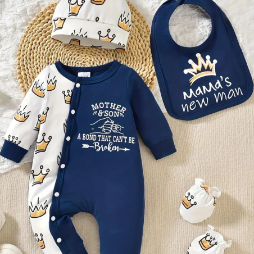 A Newborn Onesie with a Crown Pattern, Featuring Prints of Me And Mom, Paired with a Hat, Gloves, And a Bib.
