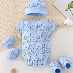 Summer Children's Triangle Romper Cute Dinosaur Pattern 0-3m Baby Onesie + Hat + Gloves + Socks, 4pcs Newborn Set