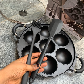 7 HOLES ROUND  SHAPE NON STICK MASA/BEAN CAKE PAN WITH GLASS LID/COVER AND 2 SILICON BRUSH