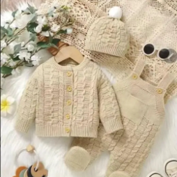 Infant Knitted Bodysuit Solid Color Romper  comes as a Knitted Cardigan,Children's Hat Three-Piece Set