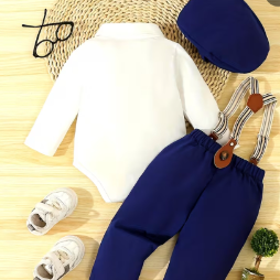 3-piece Baby Boy Spring/autumn Lightweight Gentleman Suit Set, Long-sleeved Romper with Bow Tie + Suspender Pants + Gentleman Hat,