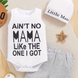 Infant and Toddler Pure Letter Print Short-Sleeve Romper + Gray Pants + Hat Three-Piece Set, Perfect for Outdoor