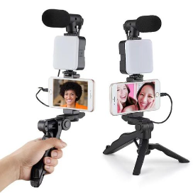 Selfie Stick Smartphone Video kit with microphone + Led Light + Tripod for YouTube Video, Podcast Video Recording