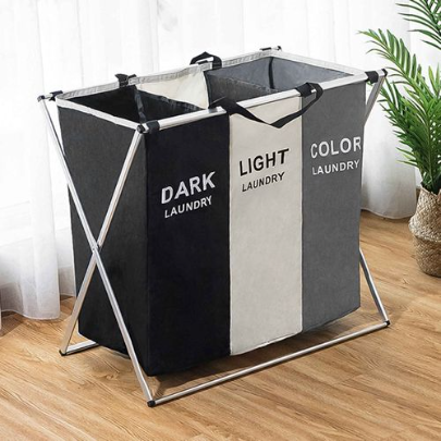 Fabric Dirty Clothes Storage Basket Laundry 3 Section